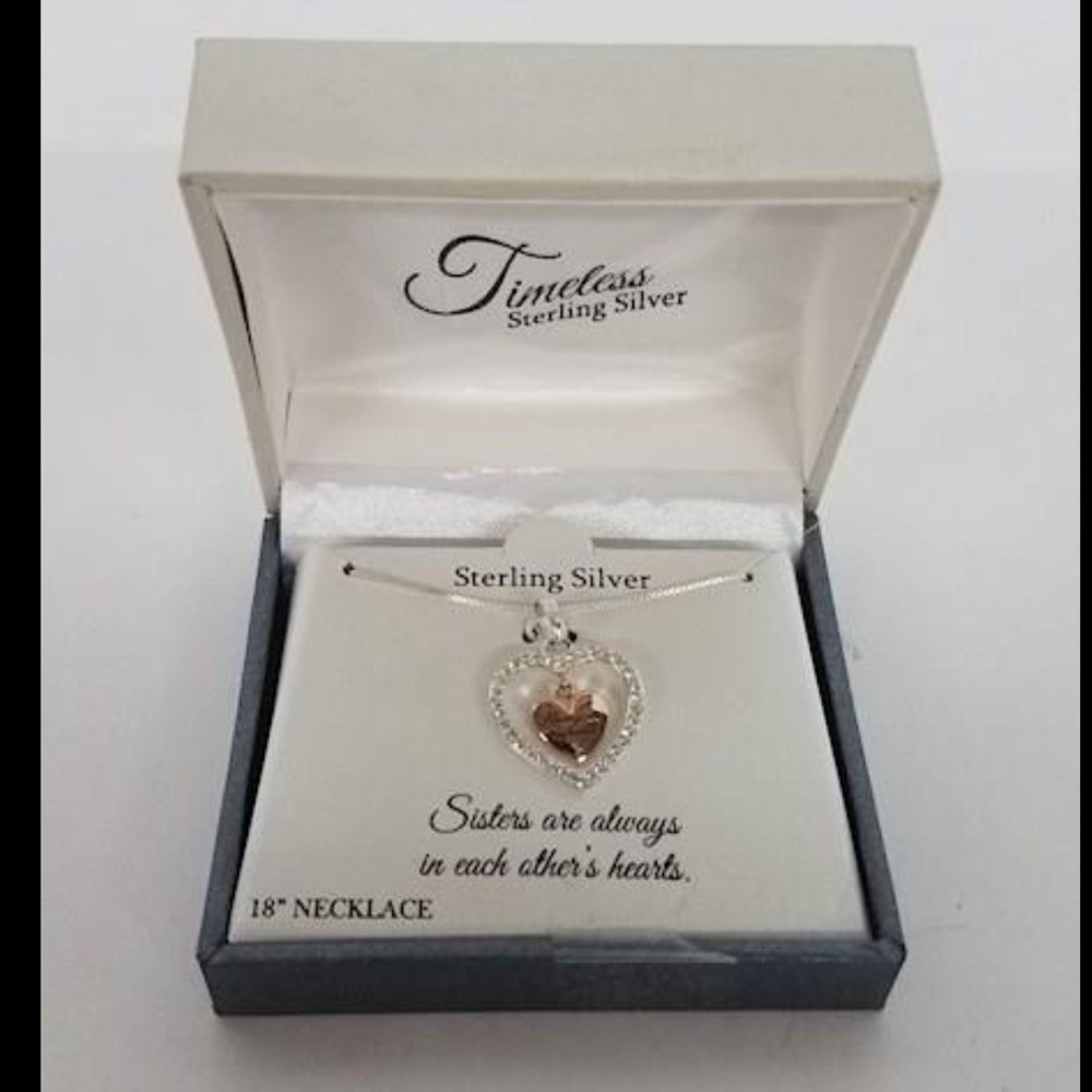 Timeless Sterling Silver Two Tone Crystal "Sister" Heart Pendant Necklace